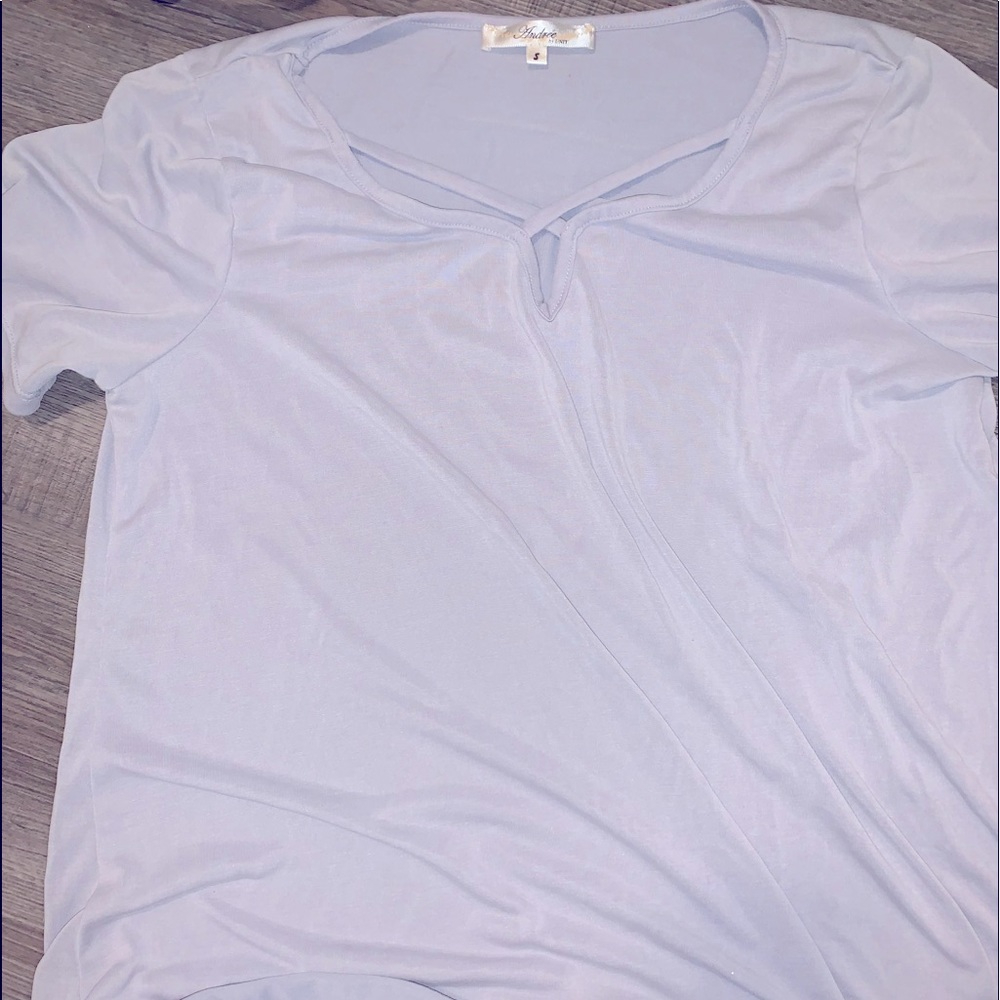 Light bluish gray cross neck blouse